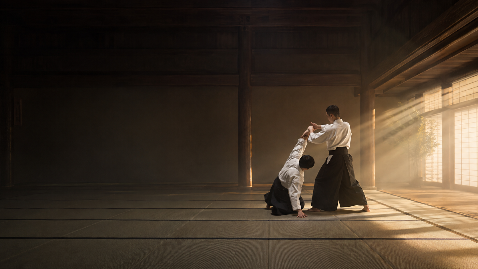 Dois adultos praticando Aikido em um dojo iluminado ao amanhecer